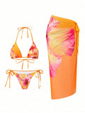 Orange Hibiscus Floral Print Triangle Bikini Set With Sheer Cover Up Skirt