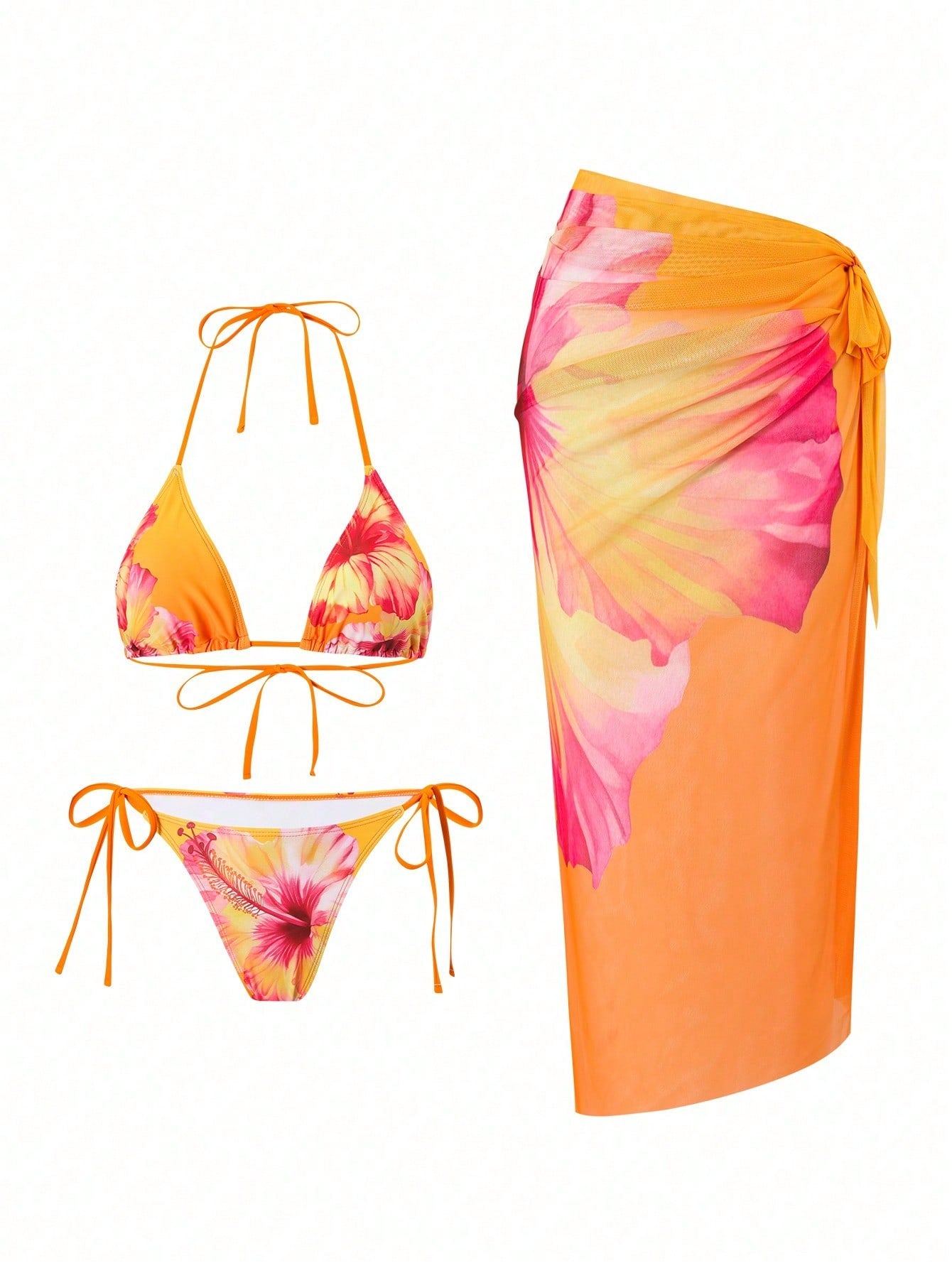 Orange Hibiscus Floral Print Triangle Bikini Set With Sheer Cover Up Skirt