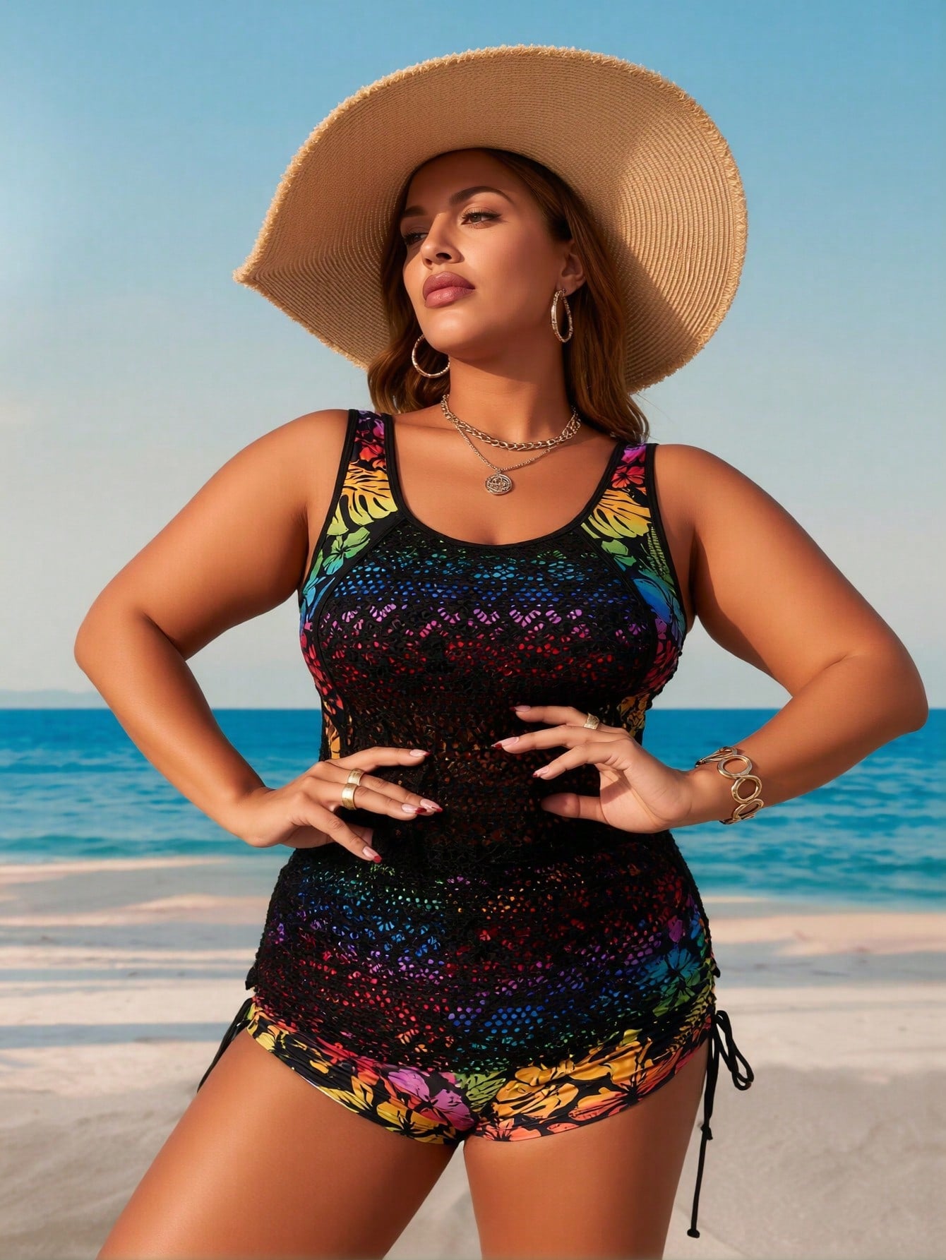 Rainbow Tropical Print Lace Overlay Tankini Set With Side Tie Briefs