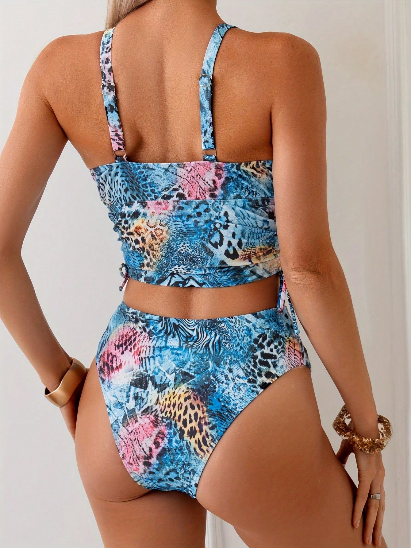 2026 New Women's Leopard Geometric Print Bikini Set - V Neck Halter Ruched Two Piece Swimsuit