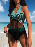 2026 New Women's One Piece Swimsuit - Halter Neck Polka Dot Mesh Cutout Swimwear