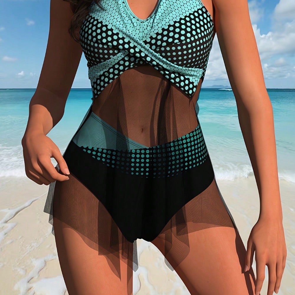 2026 New Women's One Piece Swimsuit - Halter Neck Polka Dot Mesh Cutout Swimwear