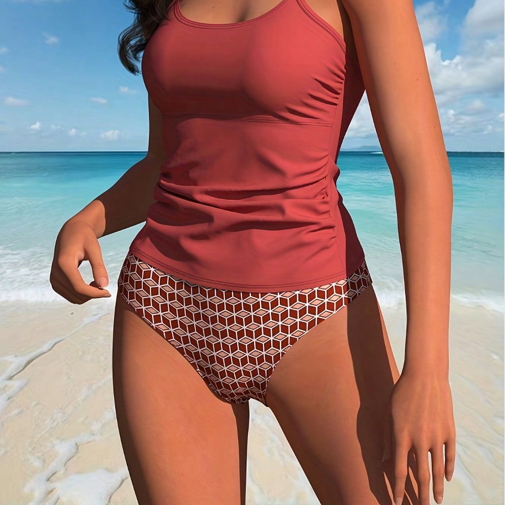 2026 New Women's Tankini Set - Solid Ruched Tank Top & Geometric Print High Waist Bottoms