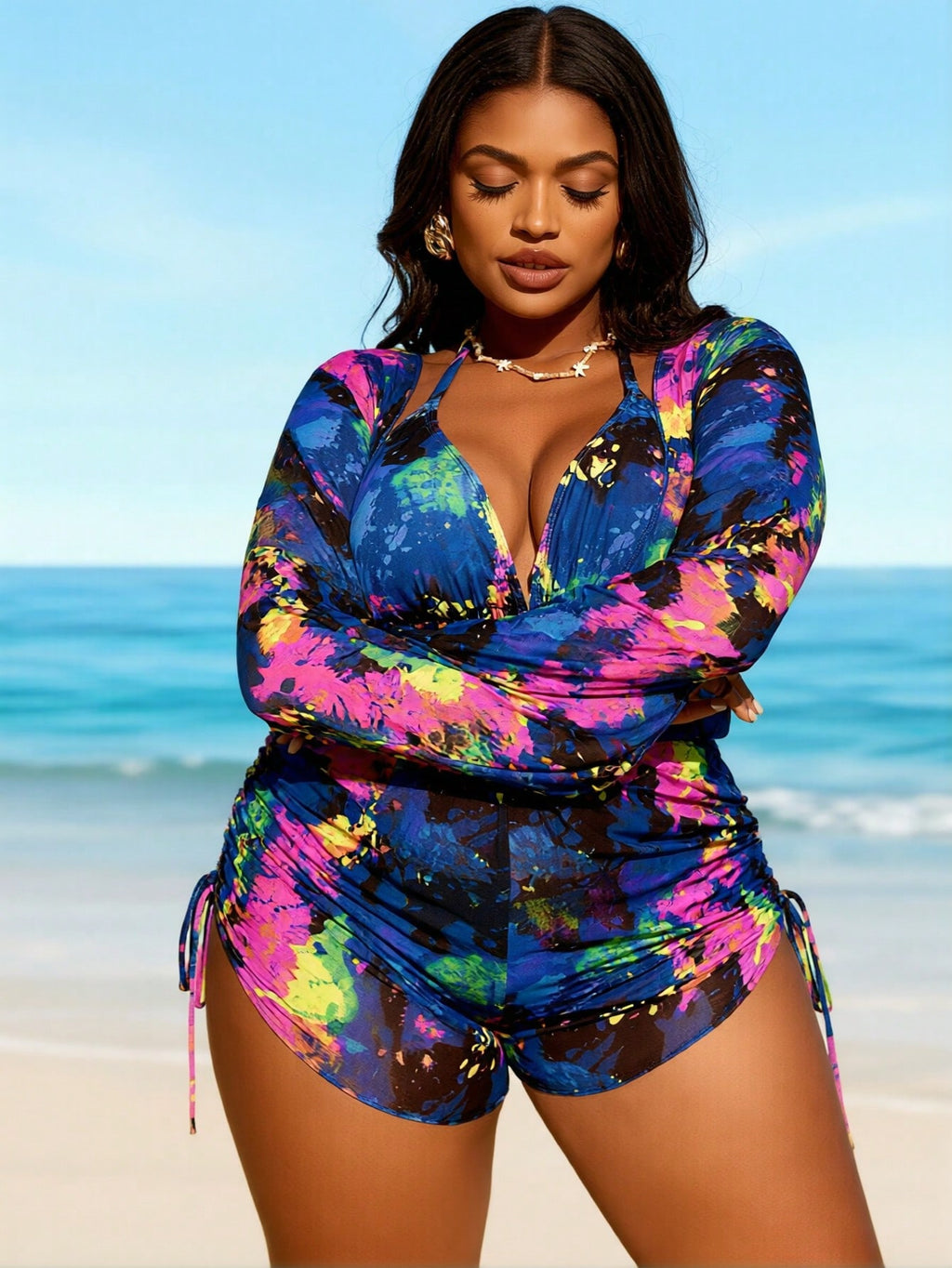 2026 New Plus Size Tie Dye Long Sleeve Rash Guard One Piece Swimsuit Side Drawstring Beachwear