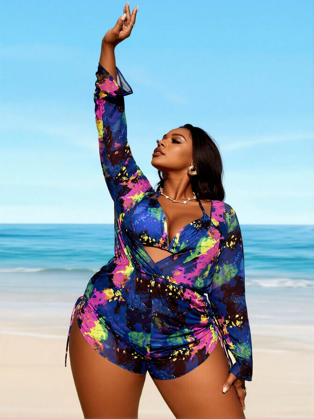 2026 New Plus Size Tie Dye Long Sleeve Rash Guard One Piece Swimsuit Side Drawstring Beachwear