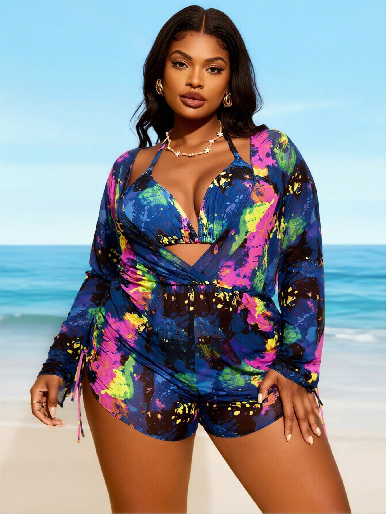 2026 New Plus Size Tie Dye Long Sleeve Rash Guard One Piece Swimsuit Side Drawstring Beachwear