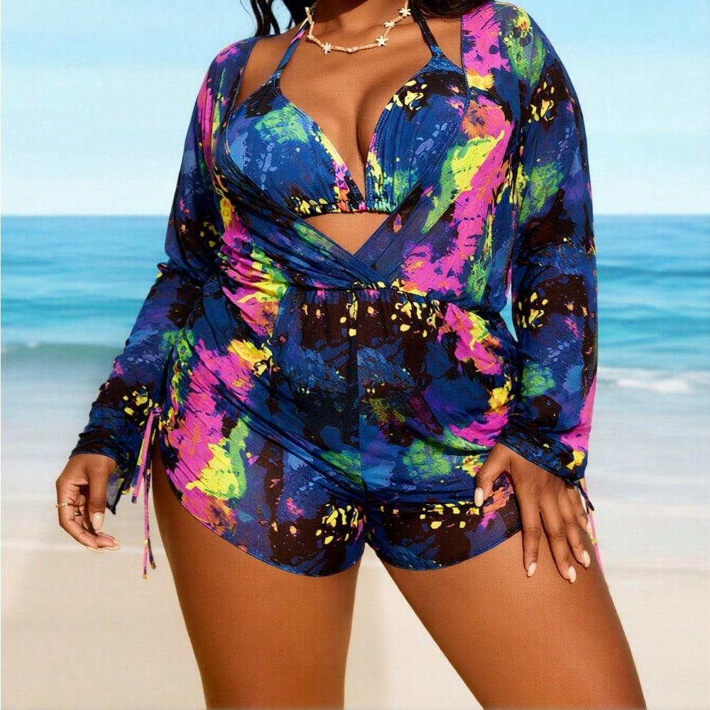 2026 New Plus Size Tie Dye Long Sleeve Rash Guard One Piece Swimsuit Side Drawstring Beachwear