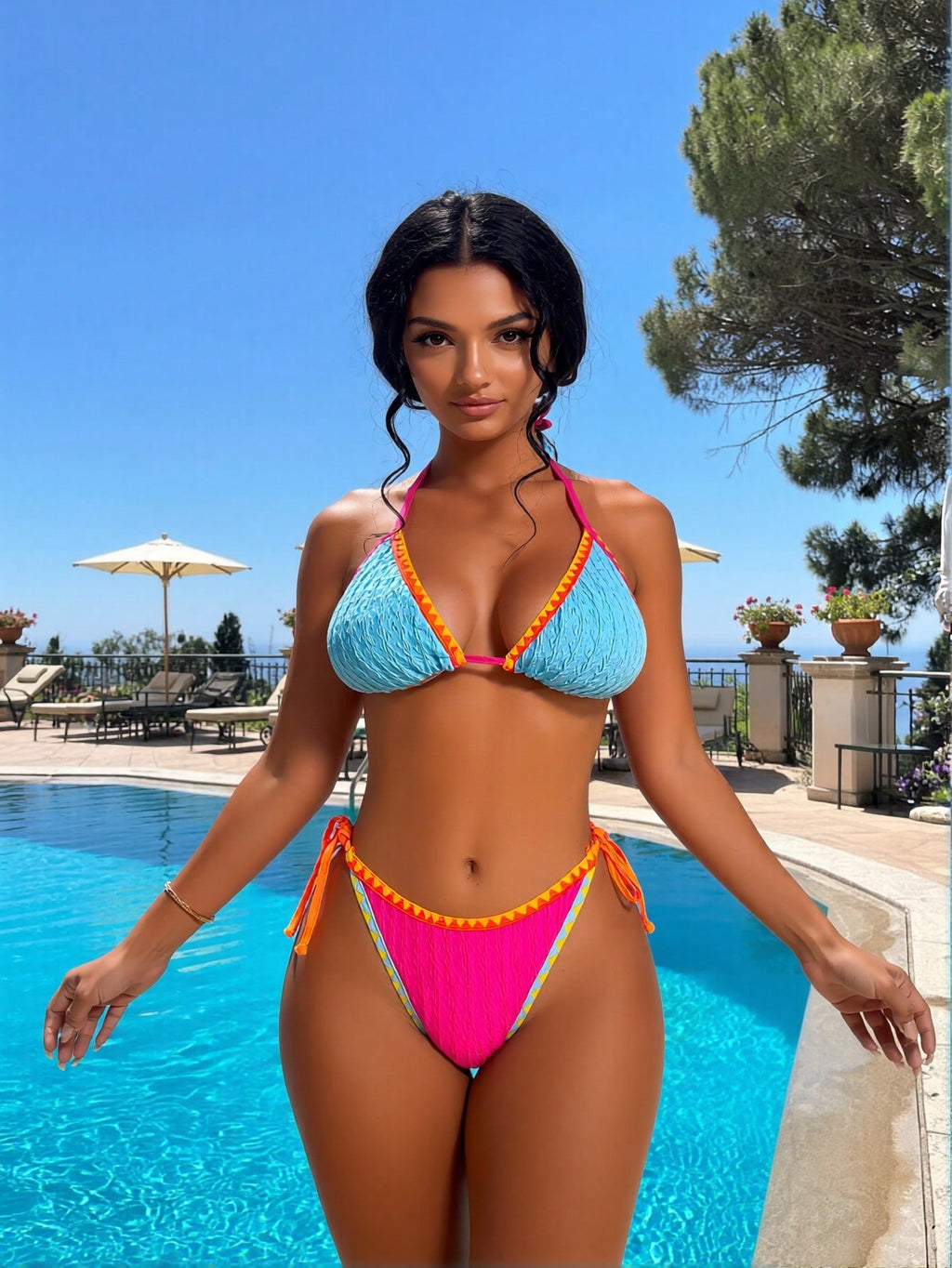 Color Block Textured Triangle Bikini Set With Geometric Trim Side Tie