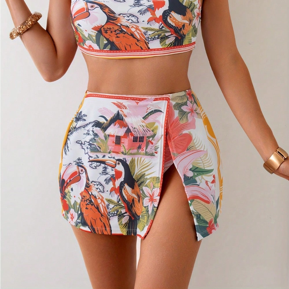 2026 New Toucan Print Three Piece Bikini Set Tie Shoulder + Beach Cover Up Skirt Swimwear