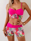 2026 New Leopard Print Floral Tankini Set Twist Front Cutout Ruffled Hem Swimwear