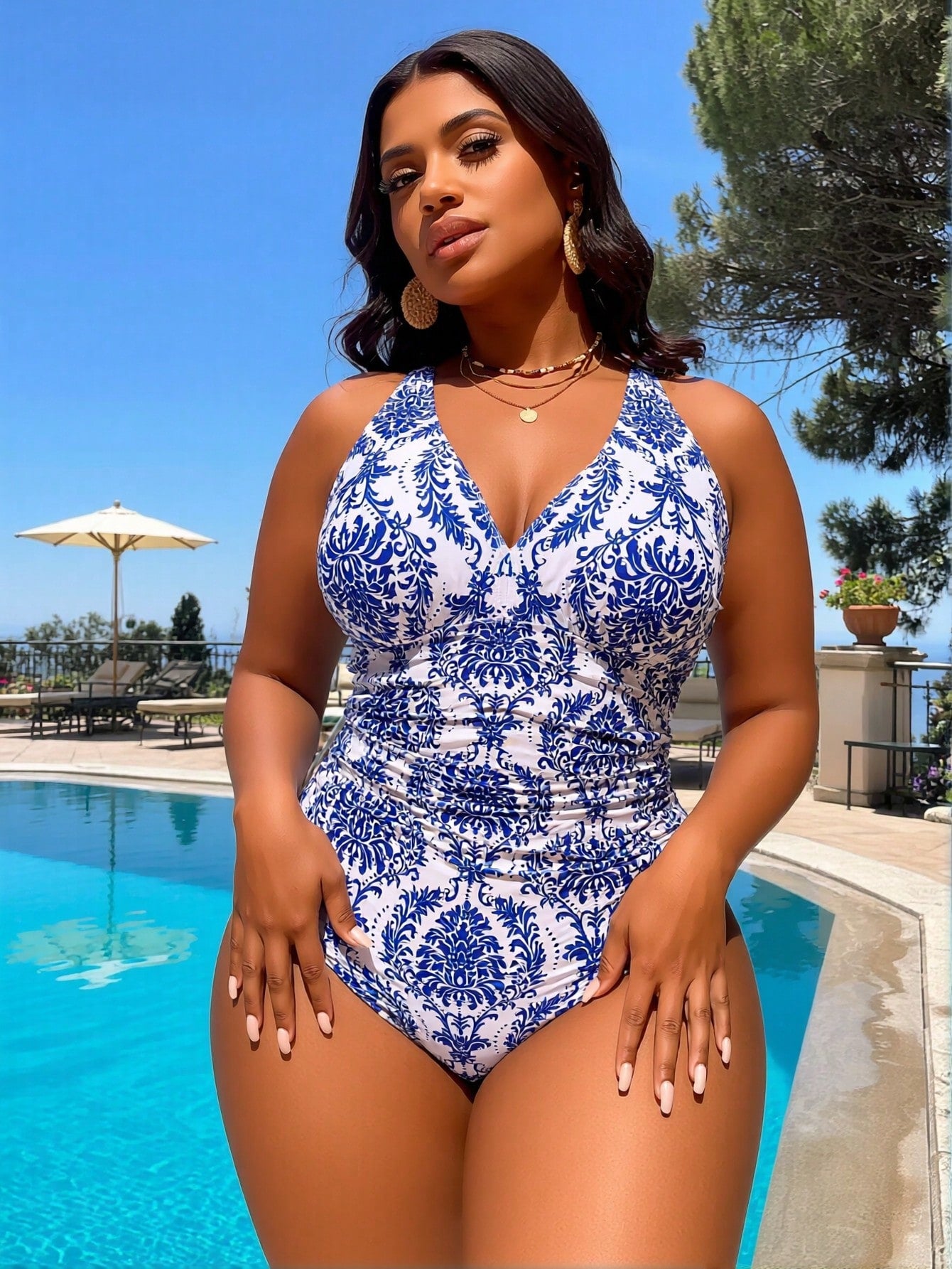 Blue And White Porcelain Print Halter One Piece Swimsuit