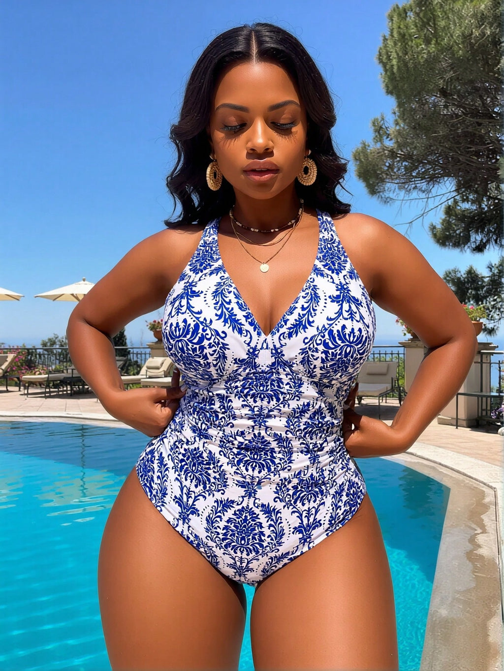 Blue And White Porcelain Print Halter One Piece Swimsuit