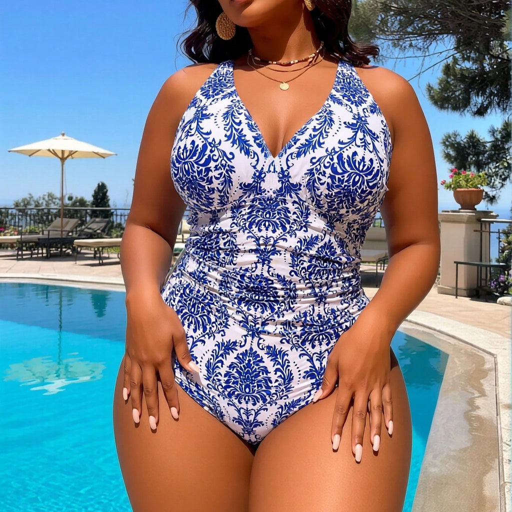 Blue And White Porcelain Print Halter One Piece Swimsuit