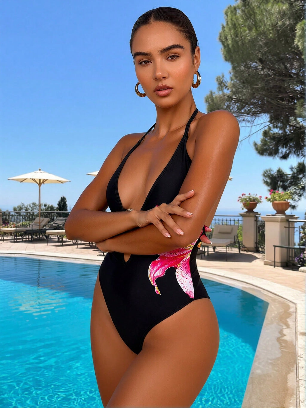 Black Halter Deep V Pink Lily Print One Piece Swimsuit