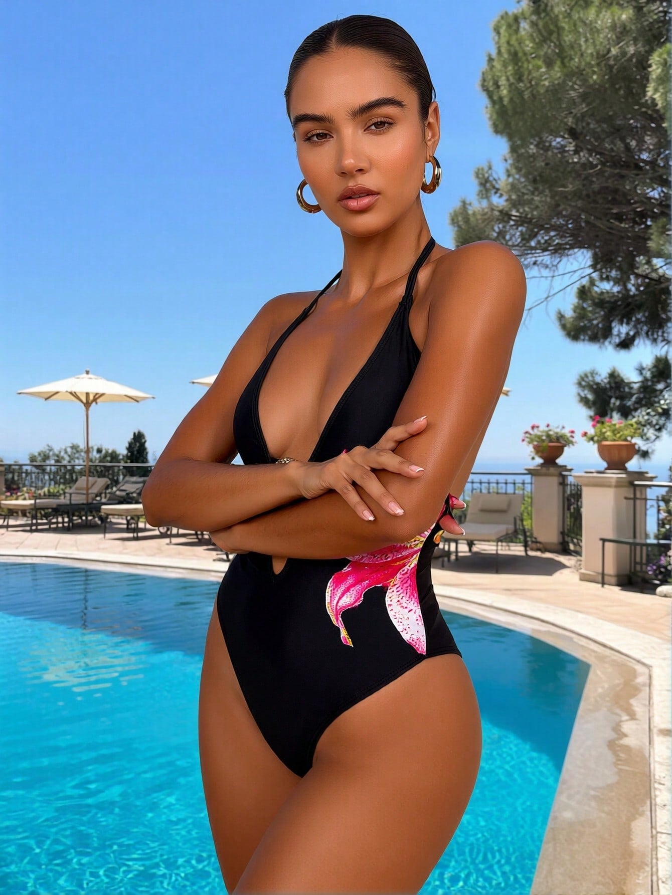 Black Halter Deep V Pink Lily Print One Piece Swimsuit