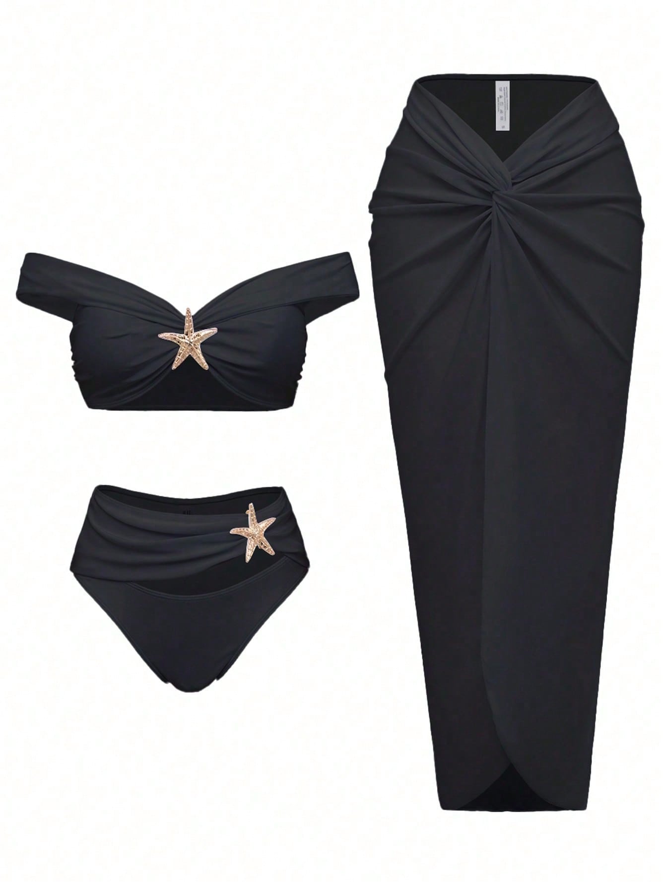 Black Off Shoulder Starfish Decor Bikini Set With Twist Front Cover Up Skirt