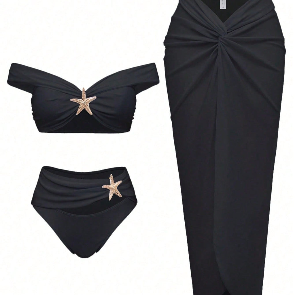 Black Off Shoulder Starfish Decor Bikini Set With Twist Front Cover Up Skirt