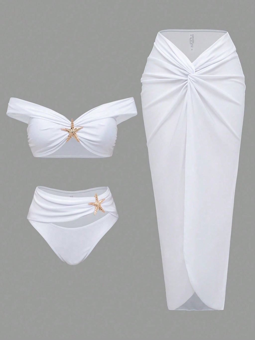 White Off Shoulder Starfish Decor Bikini Set With Twist Front Cover Up Skirt