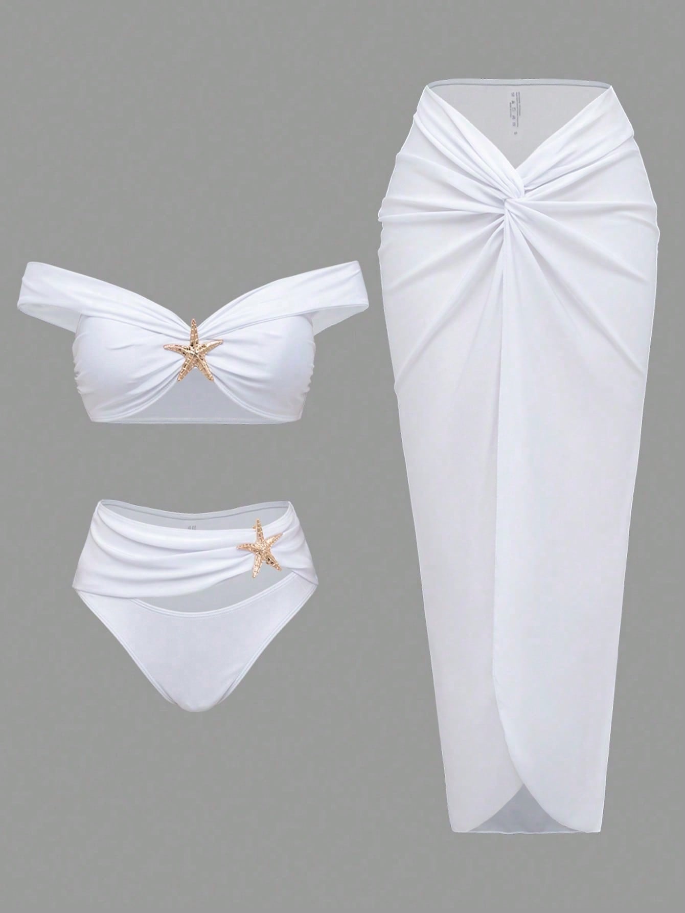 White Off Shoulder Starfish Decor Bikini Set With Twist Front Cover Up Skirt