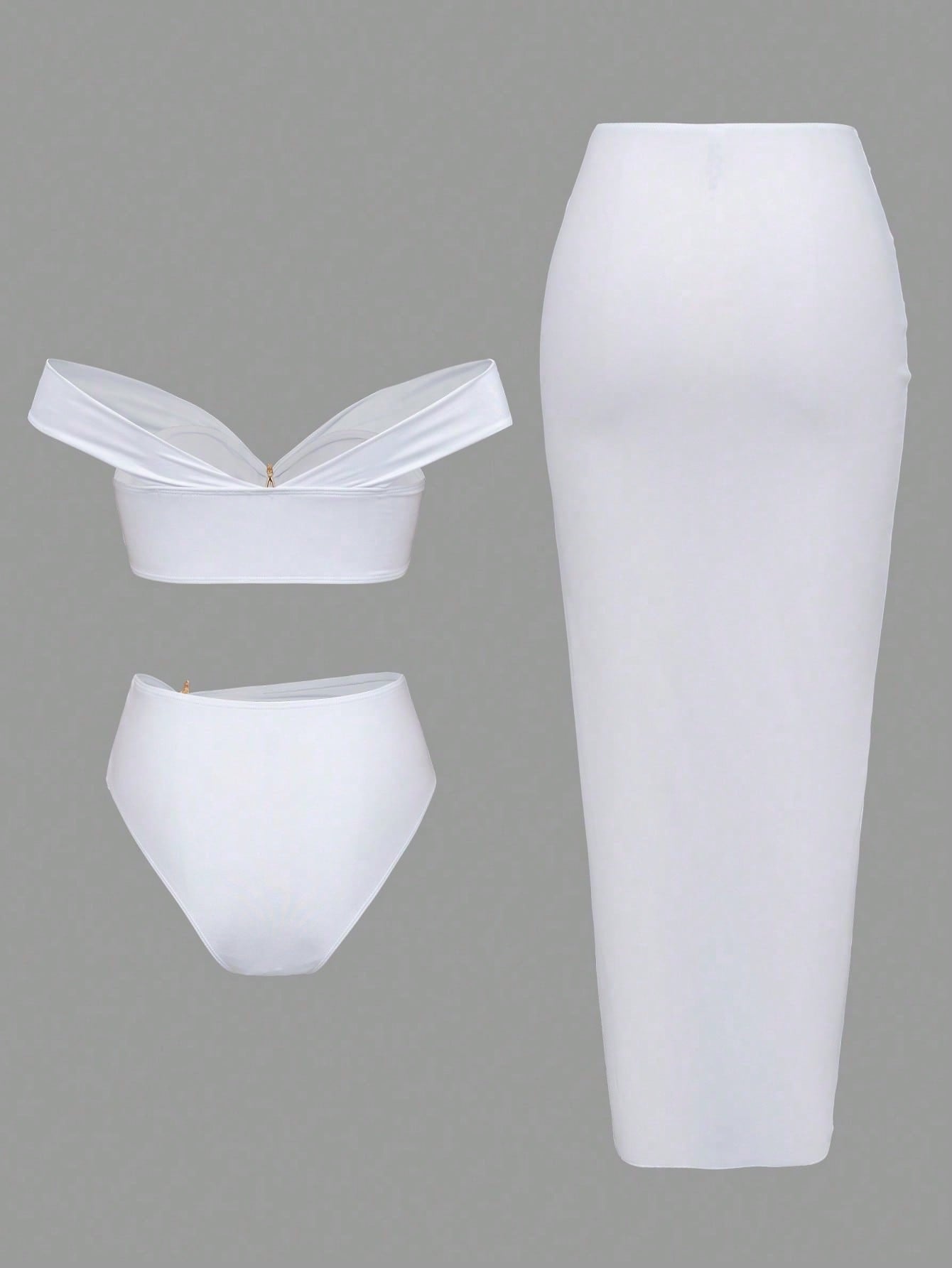White Off Shoulder Starfish Decor Bikini Set With Twist Front Cover Up Skirt