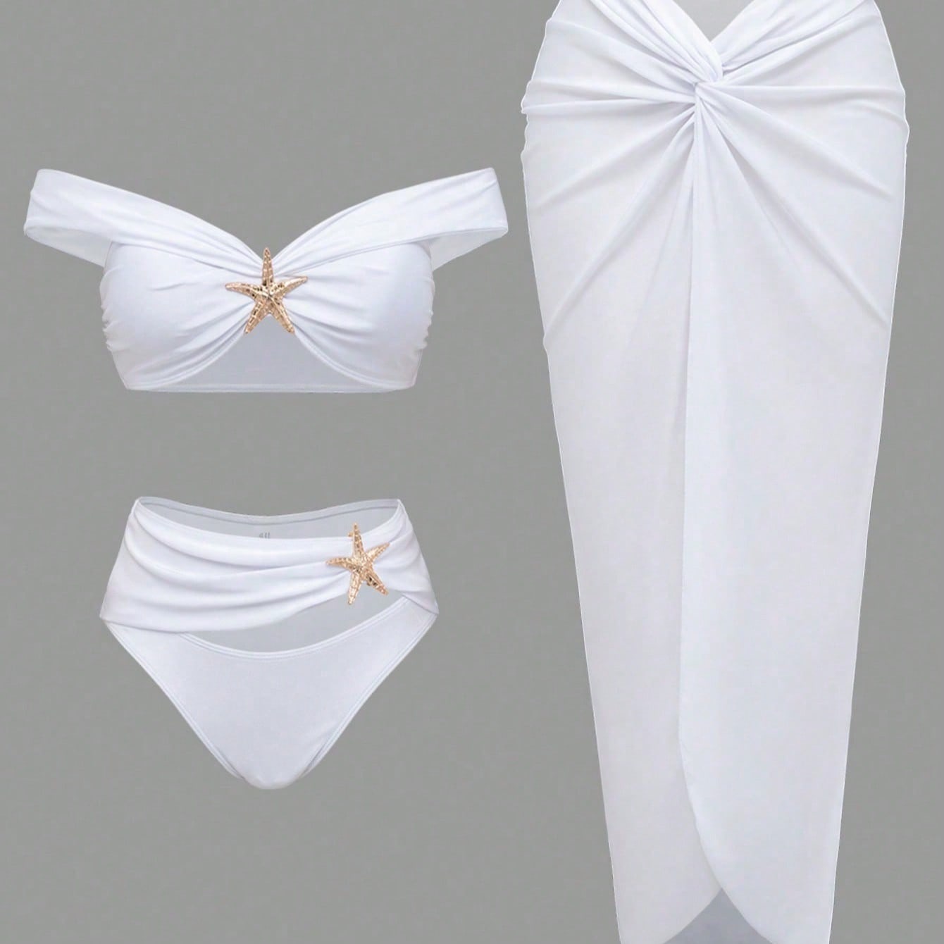 White Off Shoulder Starfish Decor Bikini Set With Twist Front Cover Up Skirt