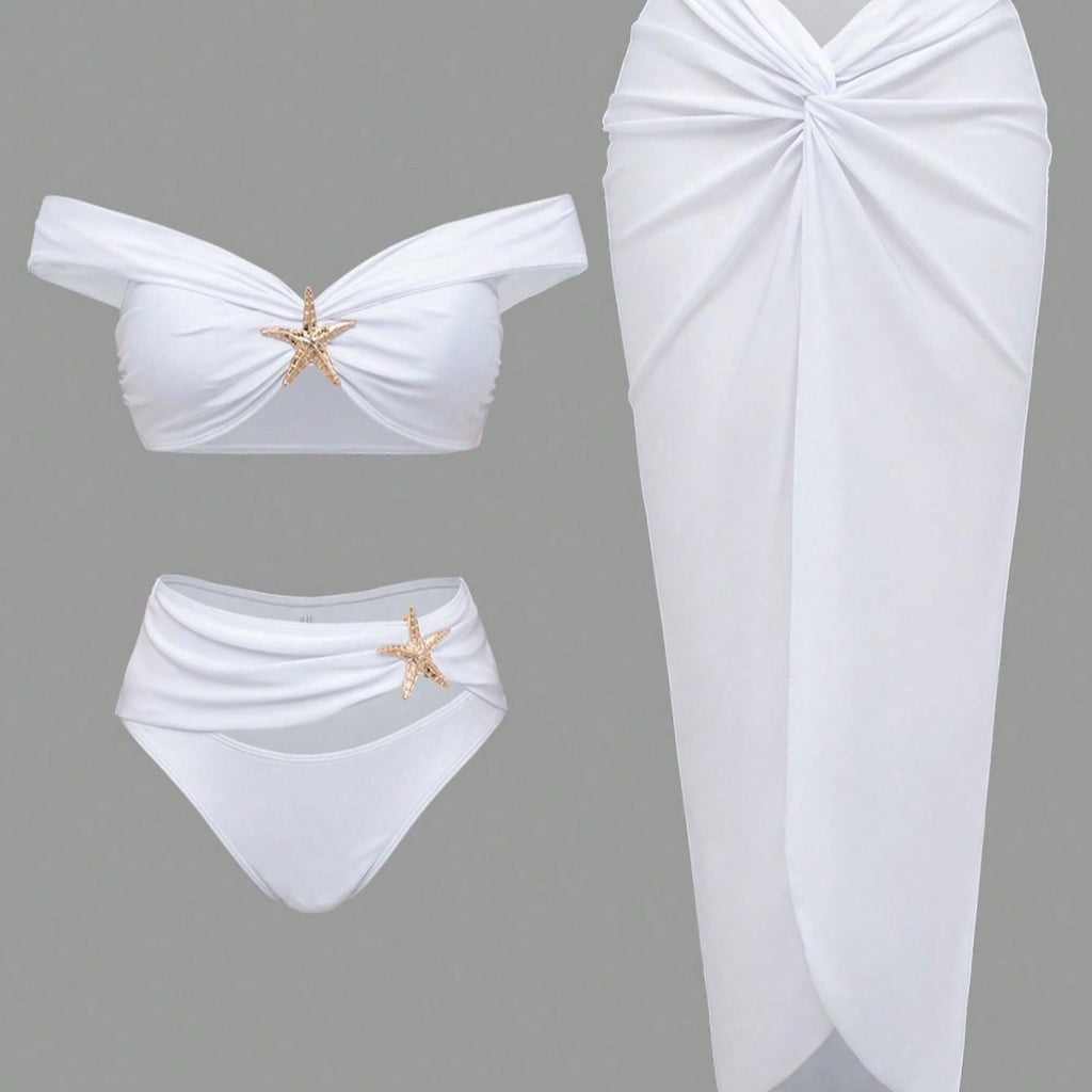 White Off Shoulder Starfish Decor Bikini Set With Twist Front Cover Up Skirt