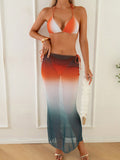 2026 New Orange White Ombre Triangle Bikini + Mesh Ombre Maxi Skirt 3 Piece Set Beach Swimwear