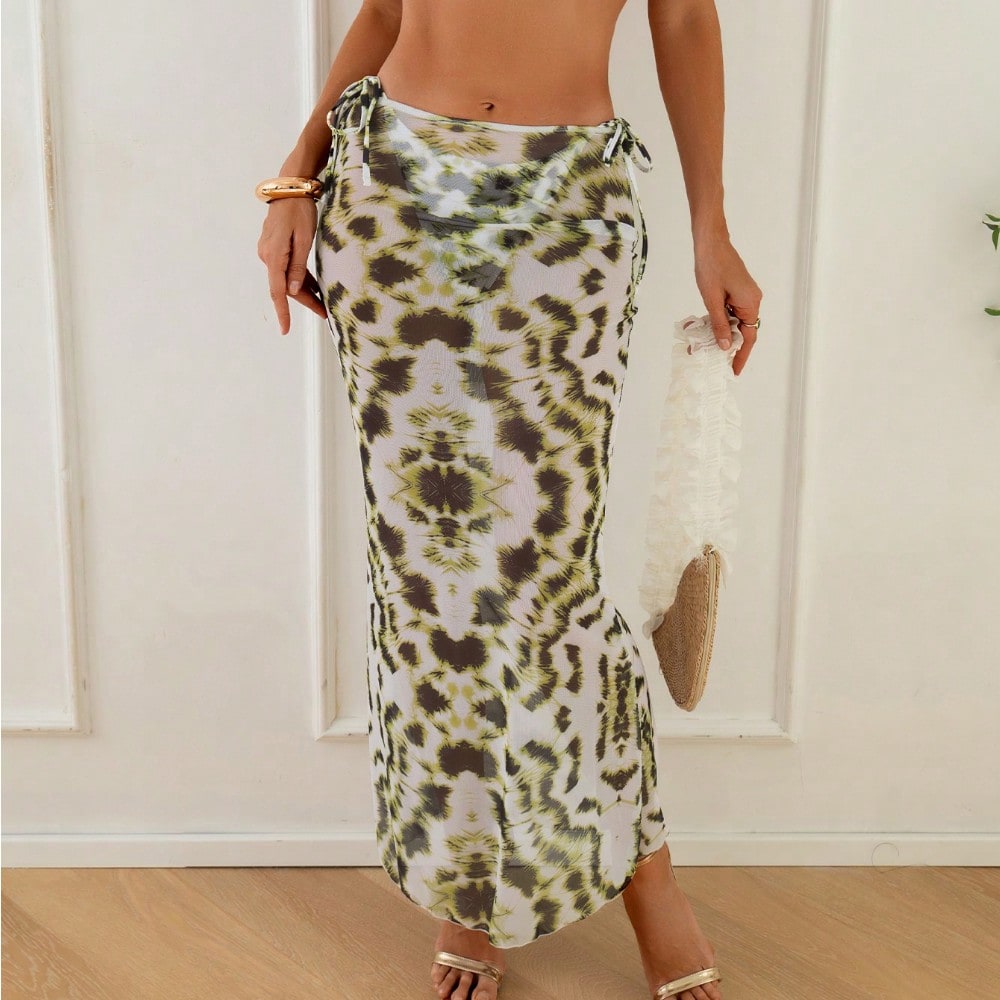 2026 New Green Leopard Print Triangle Bikini + Mesh Cover Up Skirt 3 Piece Set Beach Swimwear