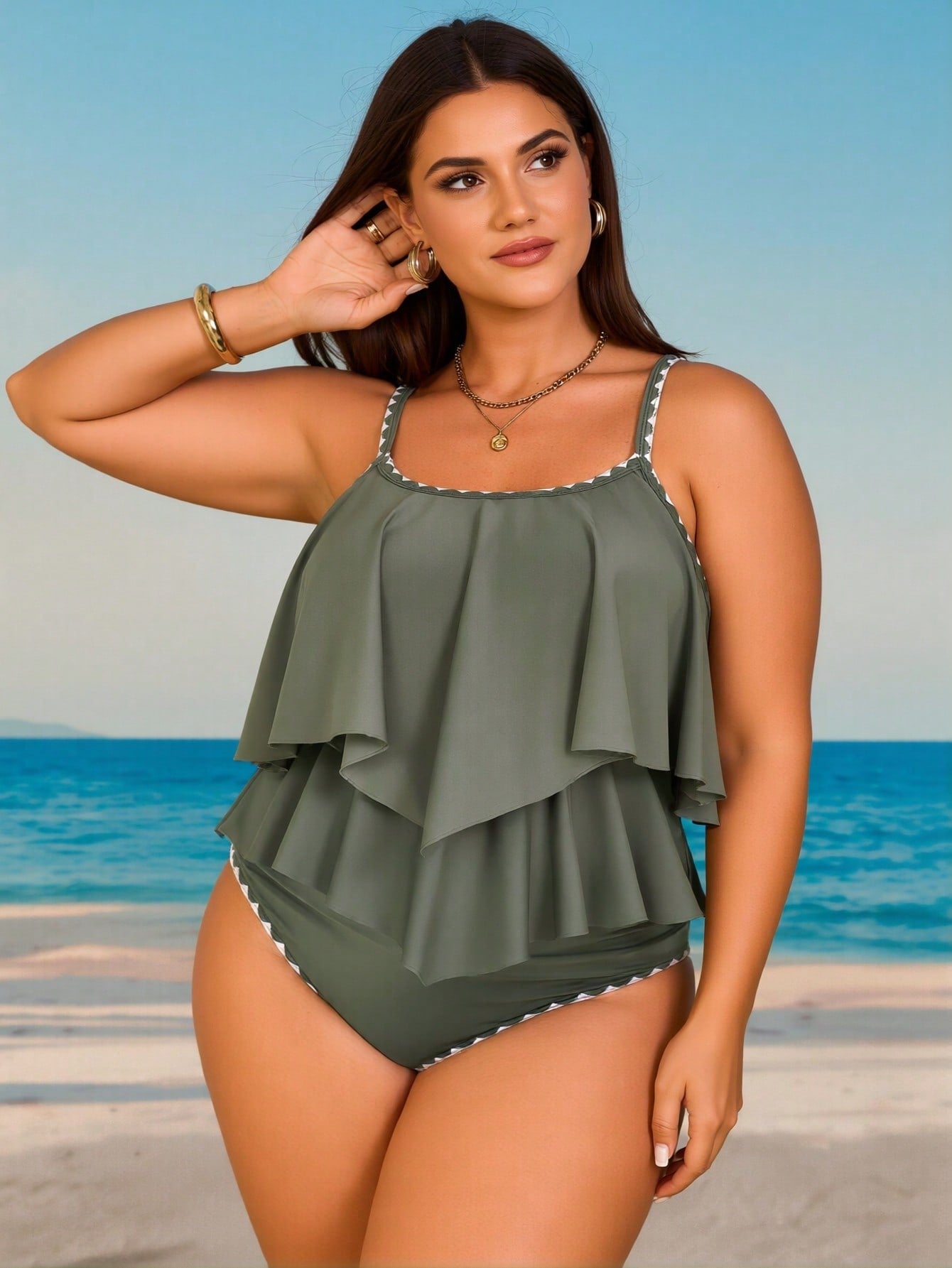 Olive Green Ruffle Trim Tankini Set With Contrast Stitching