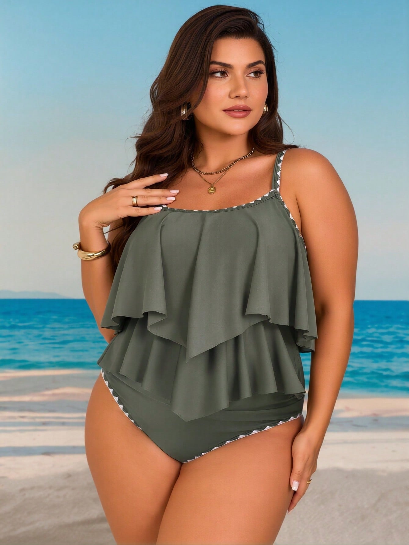 Olive Green Ruffle Trim Tankini Set With Contrast Stitching