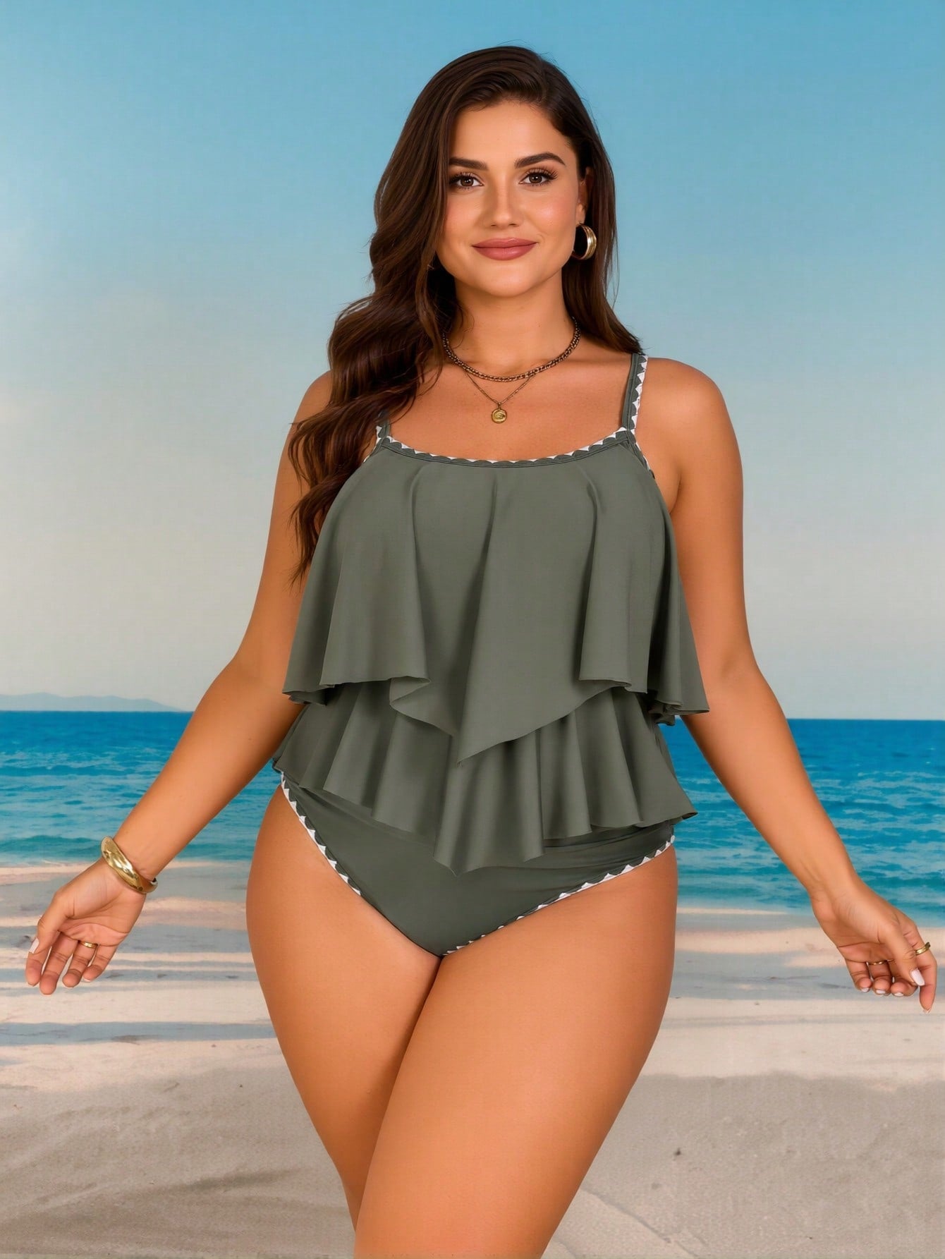 Olive Green Ruffle Trim Tankini Set With Contrast Stitching