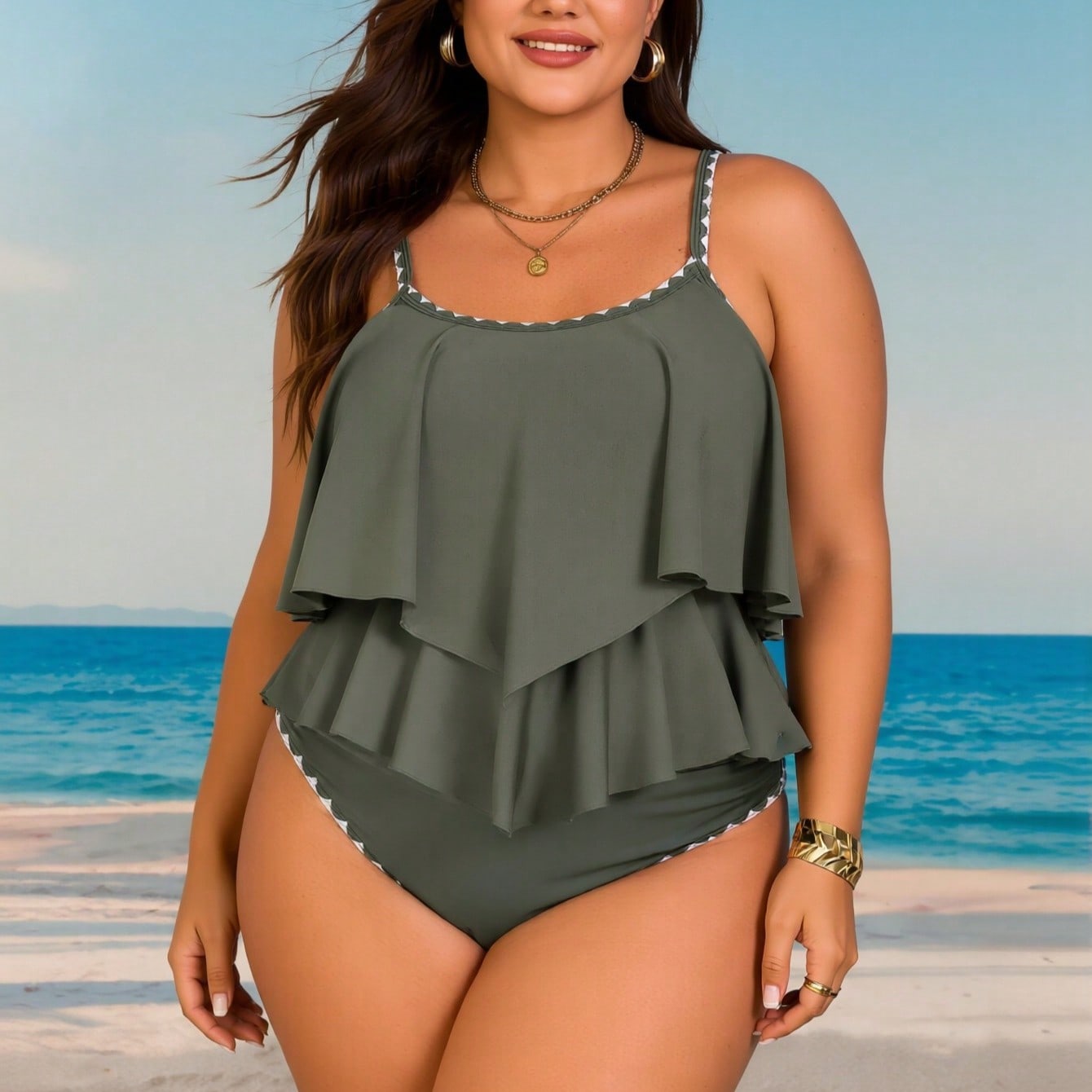 Olive Green Ruffle Trim Tankini Set With Contrast Stitching