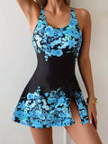 2026 New Blue Floral Print Tankini Side Drawstring Tummy Control Two Piece Swimwear