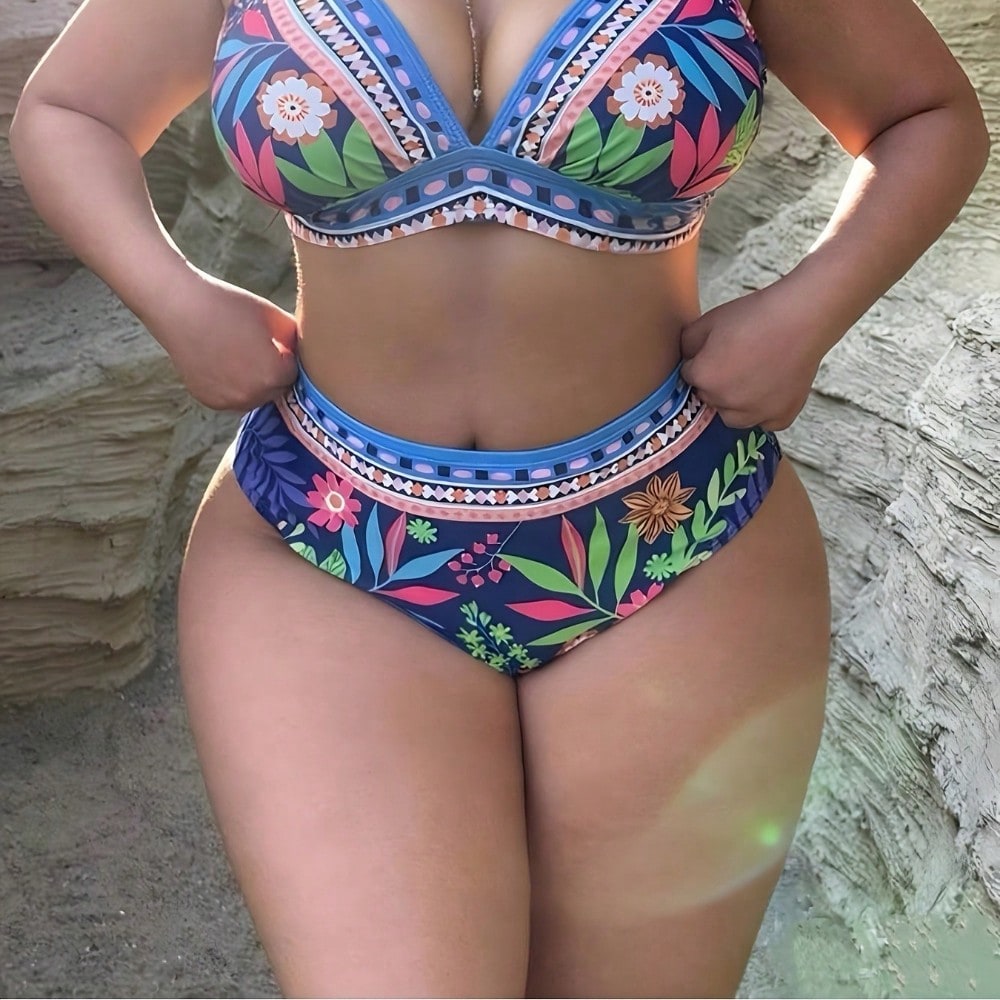 2026 New Plus Size Boho Floral Print Bikini Set Contrast Geometric Trim High Waist Swimwear