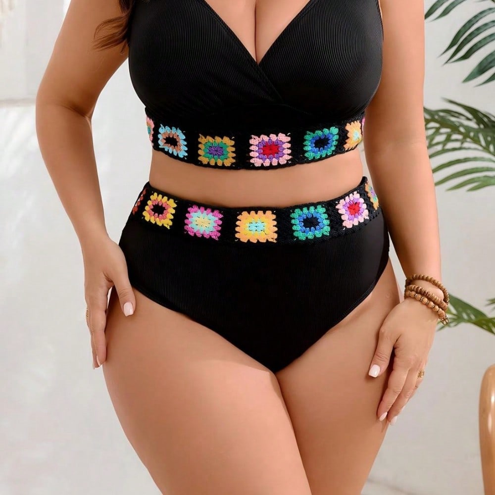 2026 New Plus Size Black Crochet Floral Bikini Set Contrast Crochet Trim High Waist Swimwear