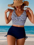 2026 New Navy & White Stripe Two-Piece Swimsuit, Twist Deep V & High Waist Boyshorts, Plus Size Slimming Beachwear