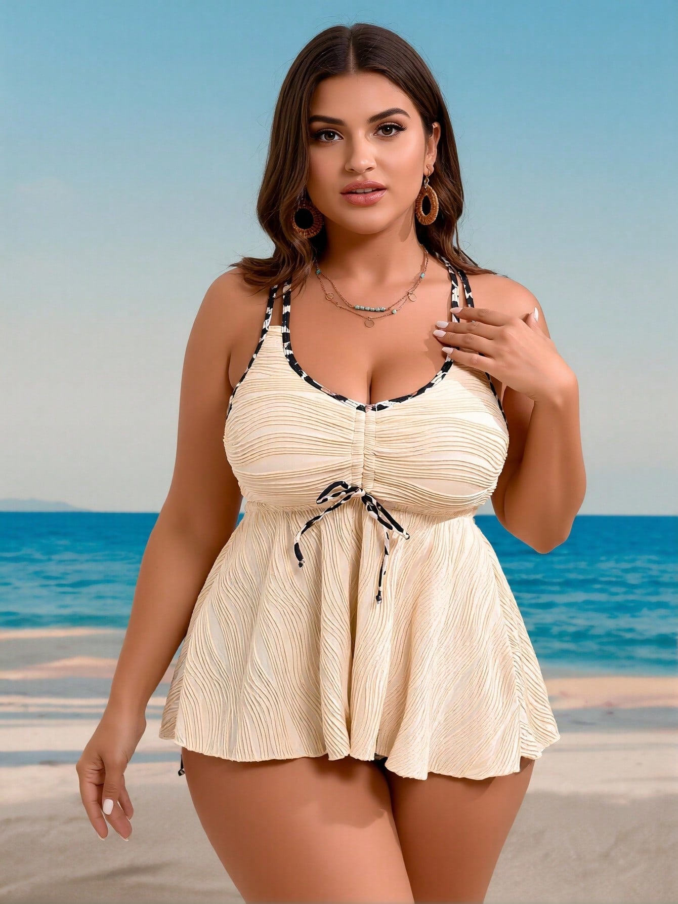 2026 New Plus Size Beige Crinkle Swimdress Tankini Set Drawstring Waist Tummy Control Two Piece Swimwear