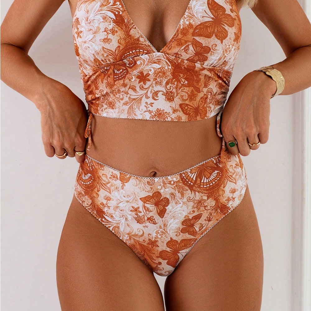 2026 New Vintage Butterfly Floral Print Bikini Set Halter V-Neck High Waist Contrast Trim Two Piece Swimwear