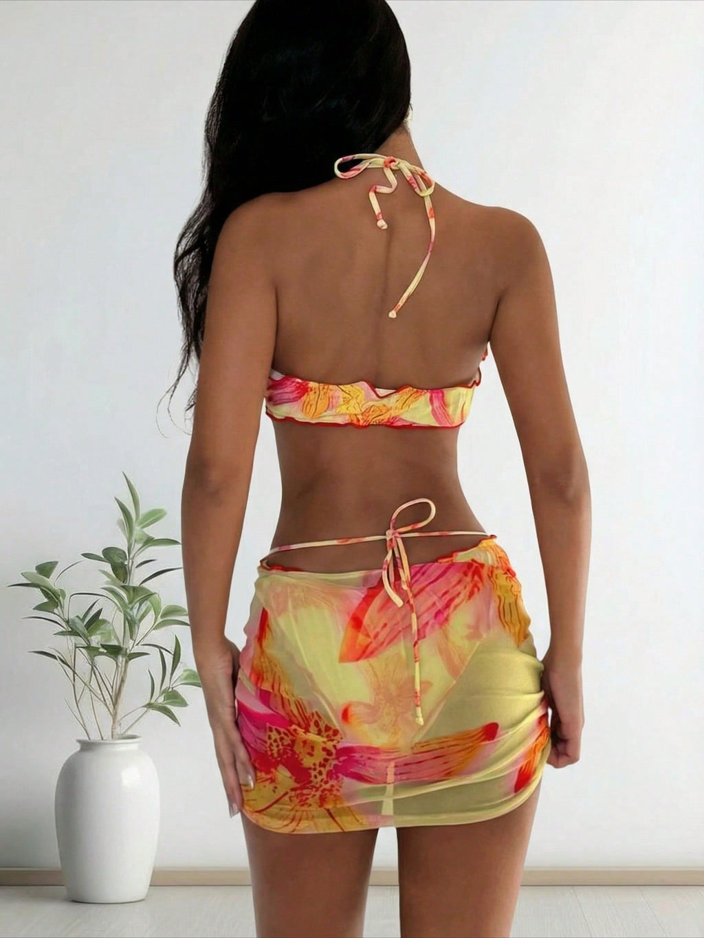 2026 New European Style Sexy Two-Piece Swimwear, Color Block Print & Flower Decor, Mesh Skirt Cover Up Bikini