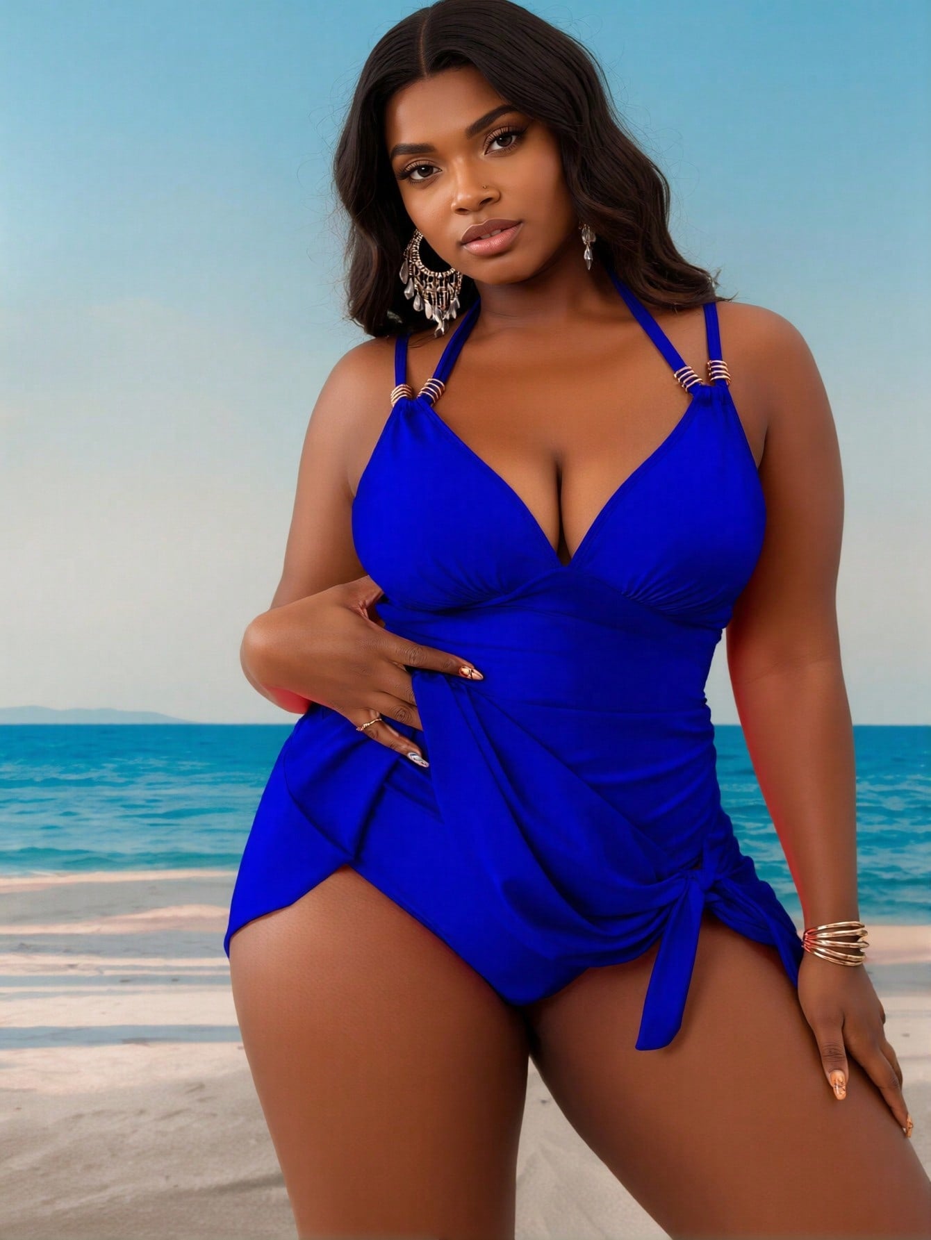 2026 New Solid Halter One-Piece Swimsuit, Deep V Push-Up & Side Strap, Modest Tummy-Hiding Slimming Swimwear