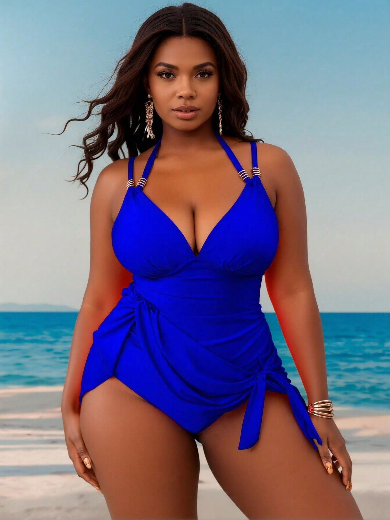 2026 New Solid Halter One-Piece Swimsuit, Deep V Push-Up & Side Strap, Modest Tummy-Hiding Slimming Swimwear