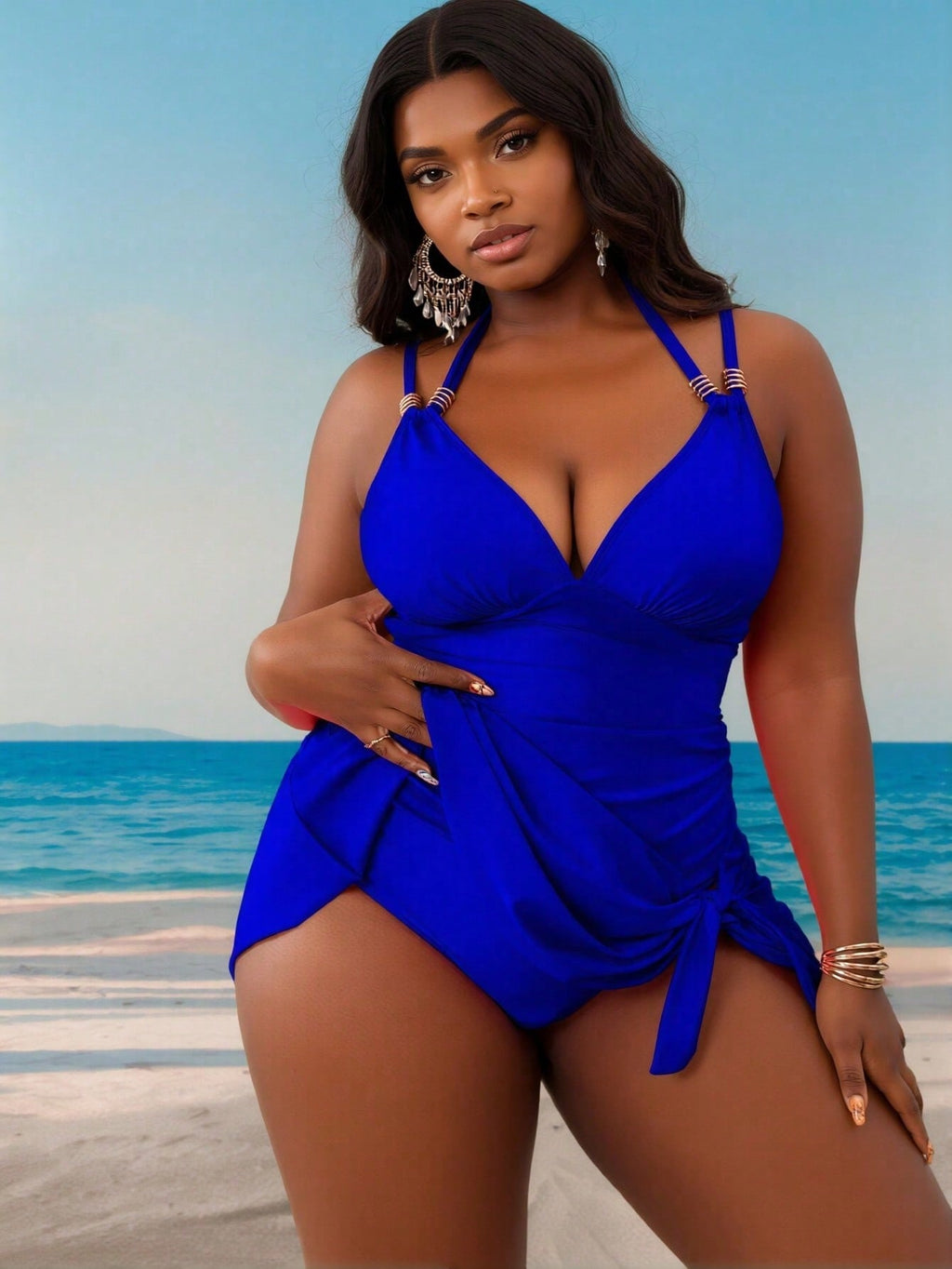 2026 New Solid Halter One-Piece Swimsuit, Deep V Push-Up & Side Strap, Modest Tummy-Hiding Slimming Swimwear