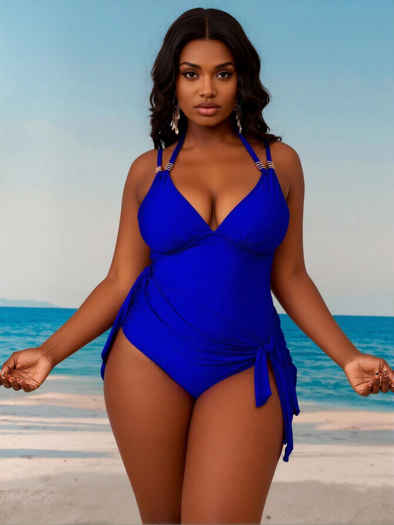 2026 New Solid Halter One-Piece Swimsuit, Deep V Push-Up & Side Strap, Modest Tummy-Hiding Slimming Swimwear