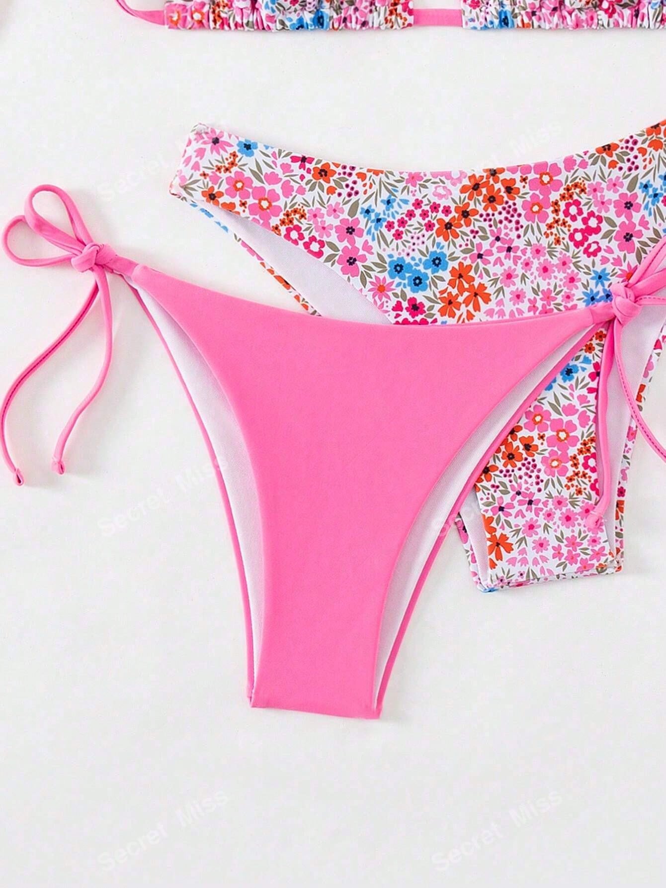 Pink Floral Print Triangle Bikini Set With Contrast Strap