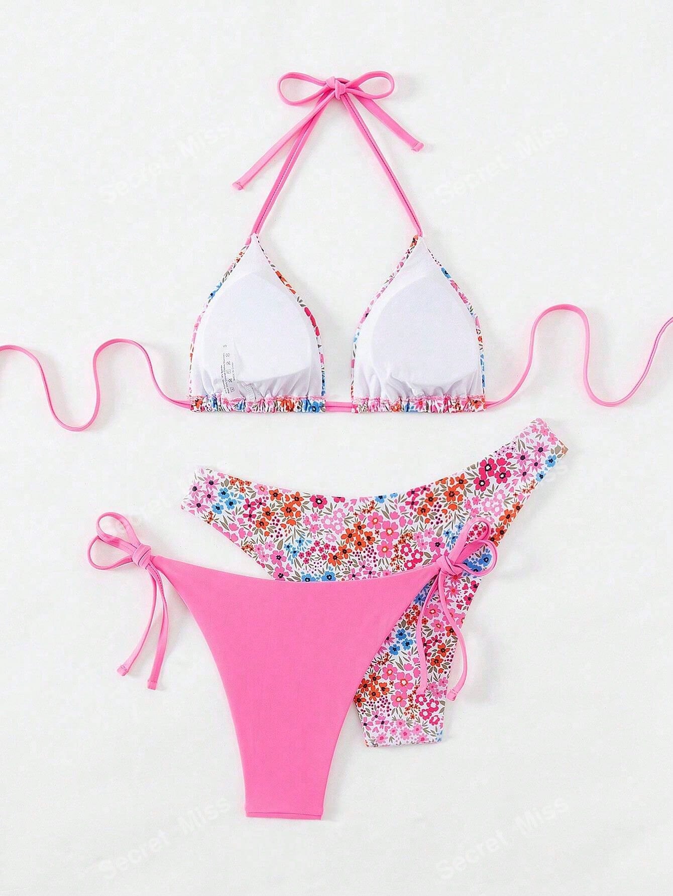 Pink Floral Print Triangle Bikini Set With Contrast Strap