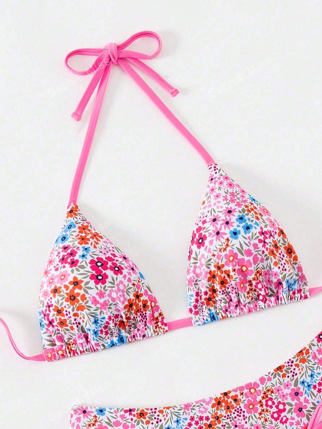 Pink Floral Print Triangle Bikini Set With Contrast Strap