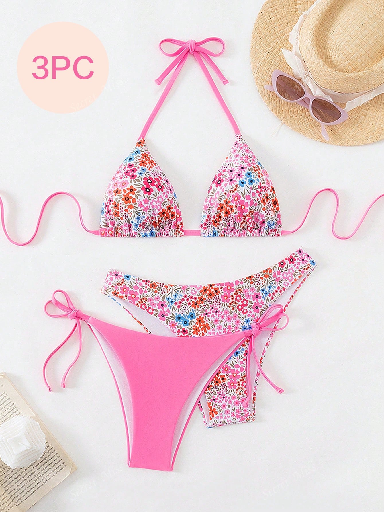 Pink Floral Print Triangle Bikini Set With Contrast Strap