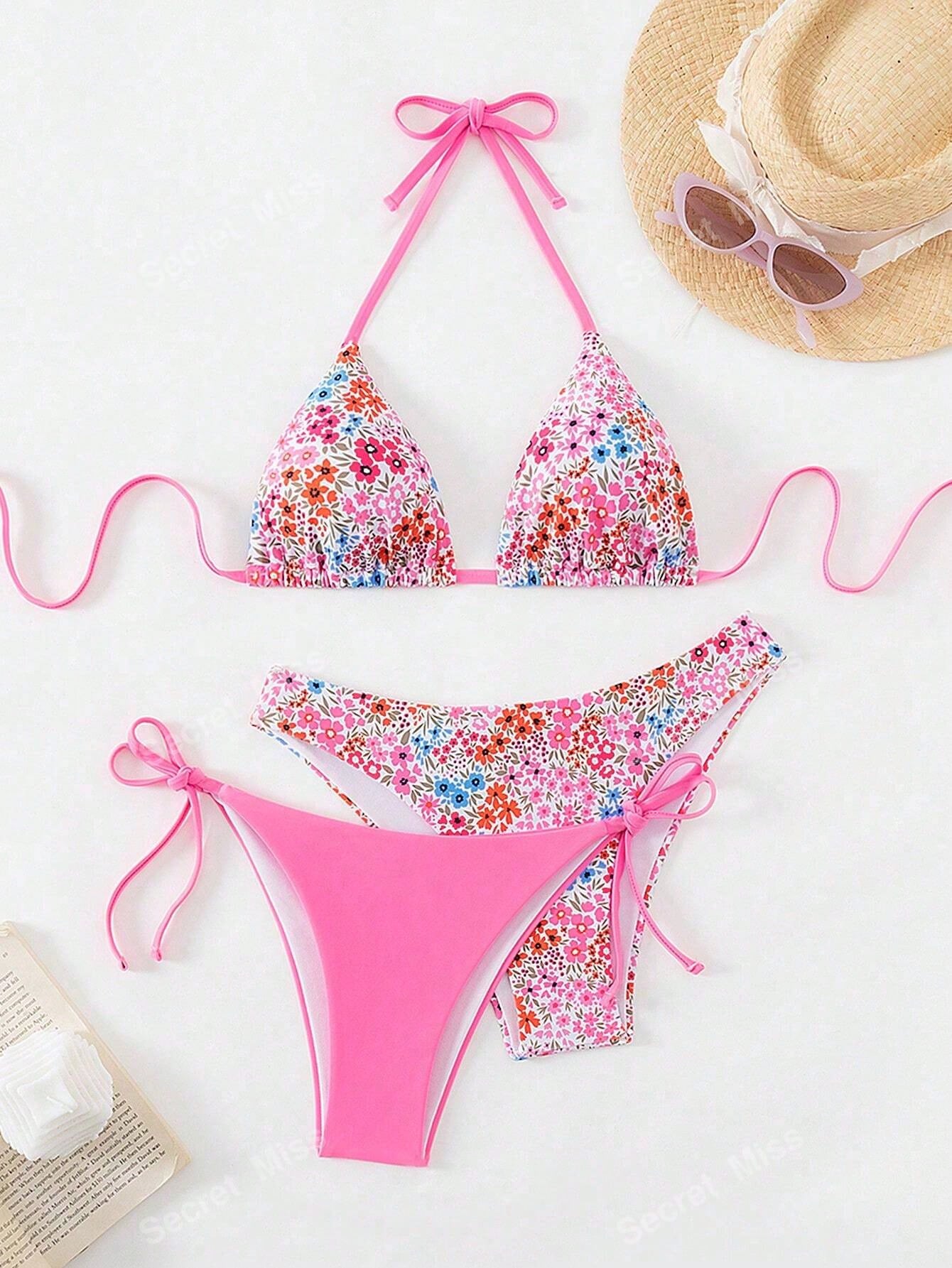 Pink Floral Print Triangle Bikini Set With Contrast Strap