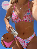 Pink Floral Print Triangle Bikini Set With Contrast Strap
