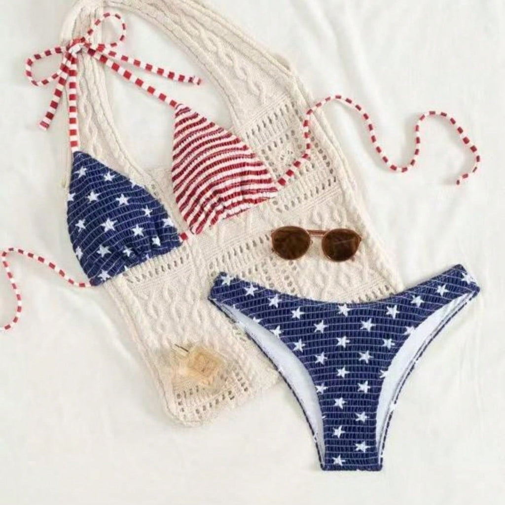 American Flag Print Triangle Bikini Set